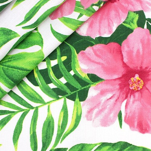 Large Print Pink Flowers Green Leaves 100 Cotton Fabric Etsy UK