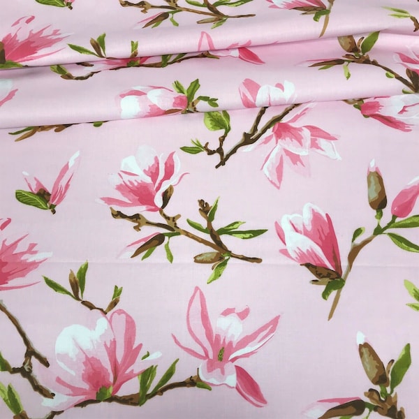 Magnolia flower on pink 100% cotton fabric , wide roll 160cm wide * UK SELLER*