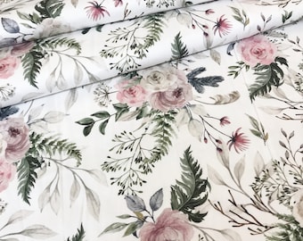 May include: White fabric with a repeating pattern of pink and white watercolor roses and green leaves.