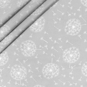 Dandelion clock  white on grey 100% cotton fabric , wide roll 160cm wide