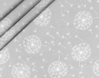 Dandelion clock  white on grey 100% cotton fabric , wide roll 160cm wide