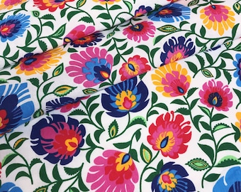 Folk flowers on white 100% cotton fabric sold per metre or half metre and fat quarter, wide roll 160cm wide