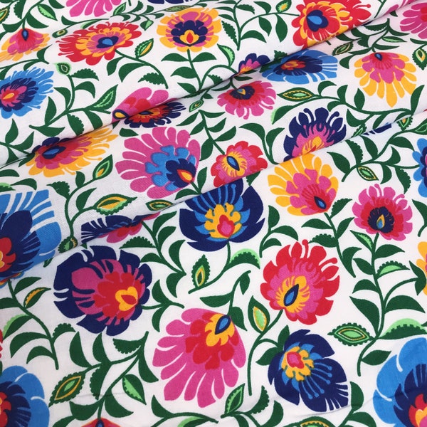 Folk flowers on white 100% cotton fabric sold per metre or half metre and fat quarter, wide roll 160cm wide