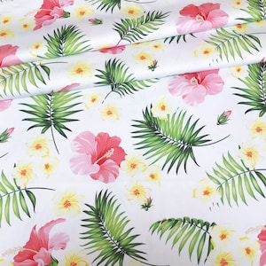 DIGITAL PRINT Pink , yellow flowers , tropical leaves  by Cotton Splash Fabric ,  100% cotton fabric , wide roll 160cm wide