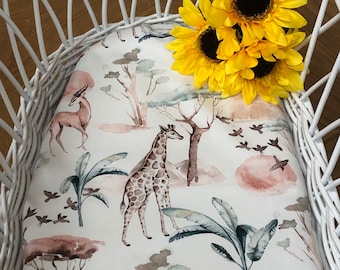 Premium quality fitted sheet fits Pram, Changing basket ,crib , cot , stokke ,Safari Giraffes green leaves Digitally printed 100% cotton
