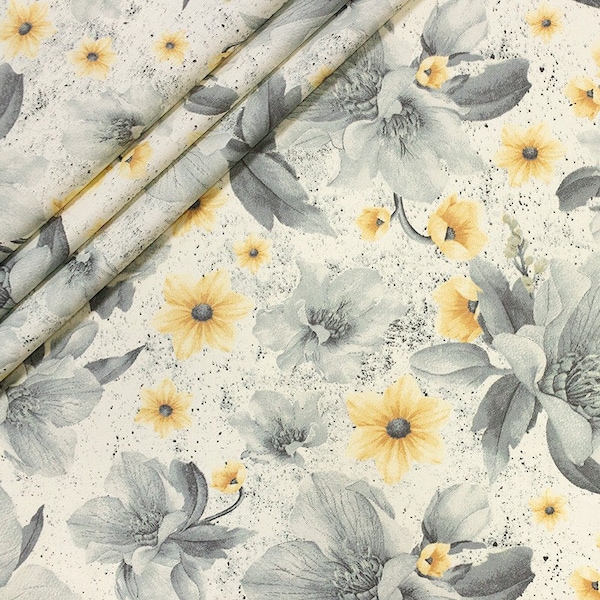 Belles fleurs jaune gris tissu 100% coton différentes longueurs, large rouleau 160cm de large