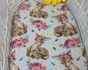 Fitted sheet fits Pram, Changing basket ,crib , cot , stokke ,Beautiful Fawn deer with pink roses 100% cotton