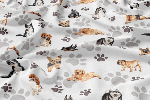 DIGITAL PRINT Dogs paws grey white PREMIUM quality  cotton jersey stretch fabric  , wide roll 155cm wide