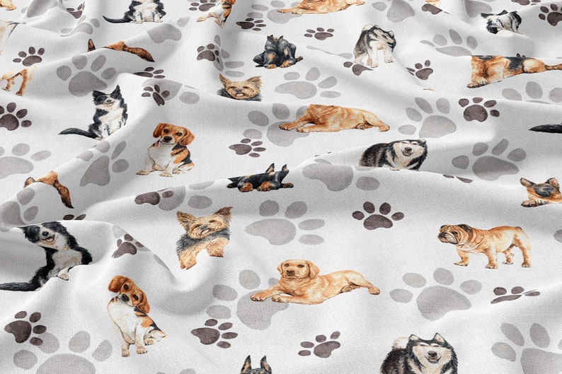 May include: White fabric with a repeating pattern of various dog breeds and paw prints. The dogs are illustrated in a watercolor style and include breeds such as a Beagle, Bulldog, Yorkshire Terrier, and Husky.