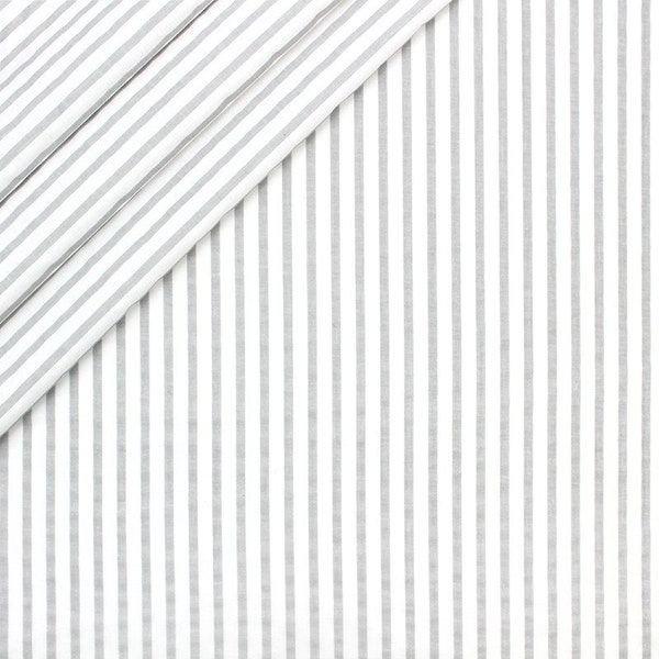 Rayures 6mm de large gris sur tissu blanc 100% coton vendu au mètre , rouleau large 160cm de large