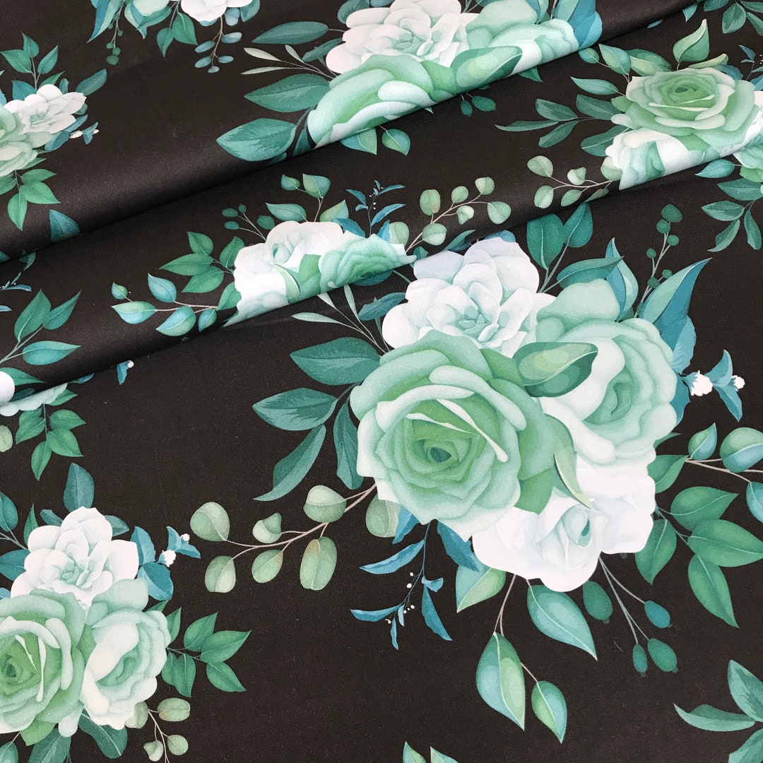 Greem Rose Print DIGITAL PRINT Mint Green Beautiful Roses on Black by Cotton Splash ...