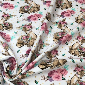 Cerf avec faon, roses roses, tissu 100 % coton, large rouleau de 160 cm