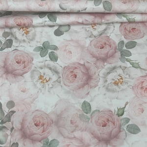 DIGITALDRUCK Rosa und Weiß zarte Blumen PREMIUM Qualität 100% Panama Welle Baumwollstoff, breite Rolle 150cm breit Bild 1