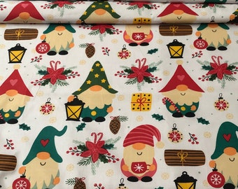 Christmas Gnomes  red green on white Gonk 100% cotton fabric , wide roll 160cm wide ** UK SELLER **