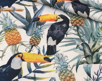 DIGITAL PRINT Toucan pineapple green leaves tropical PREMIUM quality 100% panama weave cotton fabric  , wide roll 150cm wide