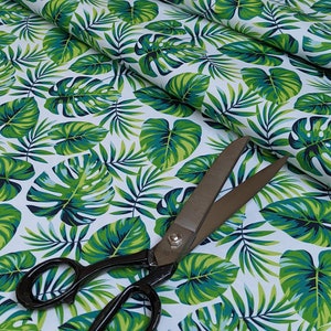 Waterproof polyester fabric Tropical Monstera green leaves on white DIGITAL PRINT   , wide roll 155cm wide