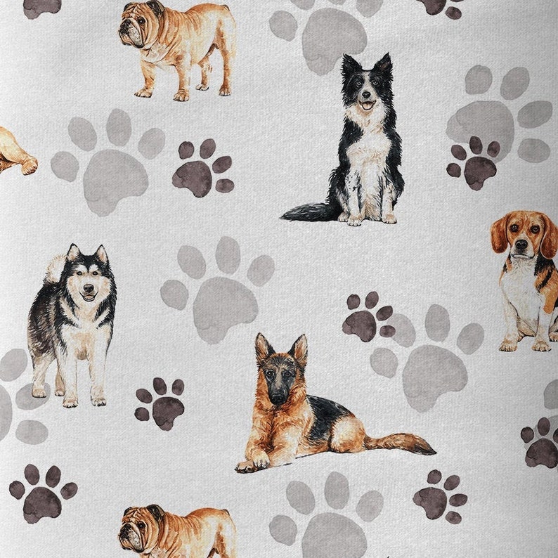 May include: A seamless pattern featuring various dog breeds, including a bulldog, a German Shepherd, a Border Collie, a Husky, and a Beagle. The background is a light gray with paw prints in shades of gray and brown.