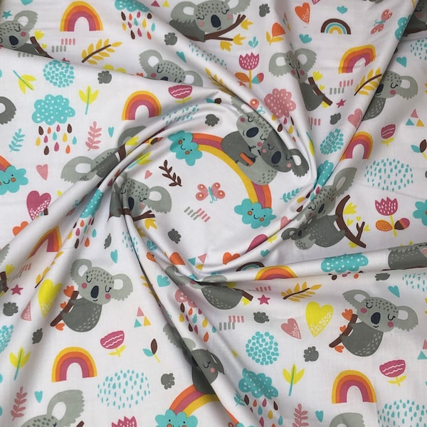 Rainbow Koala clouds on white  100% cotton fabric sold per metre or half metre , wide roll 160cm wide