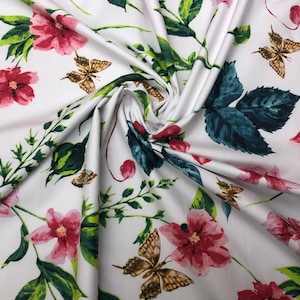 Large print  meadow pink flower, butterflies  on  white   100% cotton fabric  , wide roll 160cm