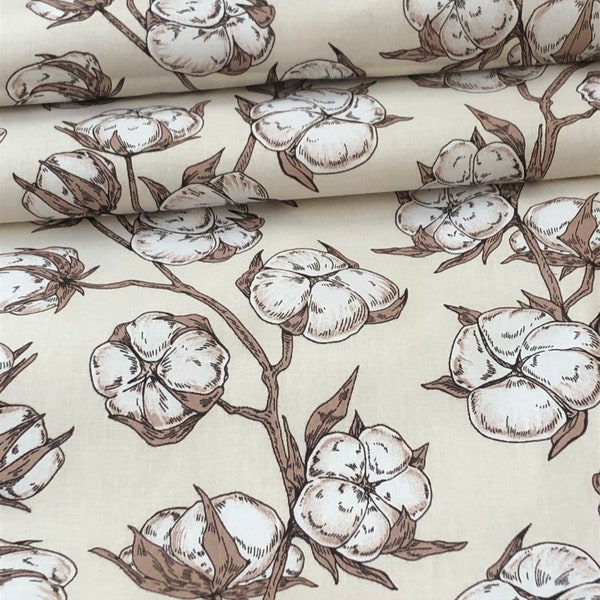 Fleur de coton, plante blanc marron beige tissu 100% coton vendu au mètre ou au demi-mètre et gros quart, rouleau large de 160cm de large