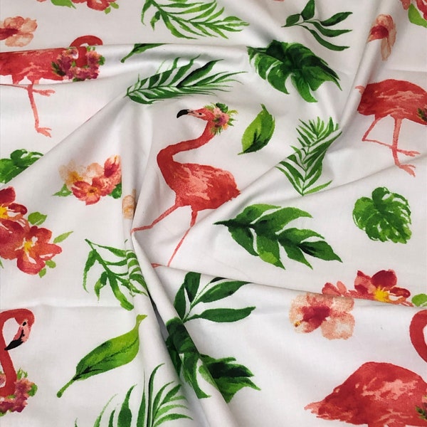 Aquarelle de flamants roses sur le modèle floral blanc tissu 100% coton, rouleau large 160cm de large