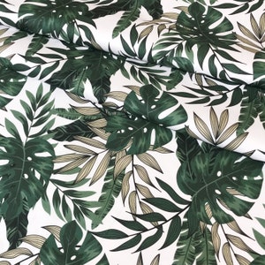 DIGITAL PRINT Tropical dark green leaves  on white Premium quality 100% cotton fabric  , wide roll 160cm wide ** UK seller **