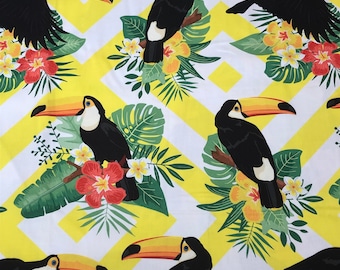 DIGITAL PRINT Toucan parrot flowers ,tropical leaves PREMIUM quality 100% panama weave cotton fabric  , wide roll 150cm wide