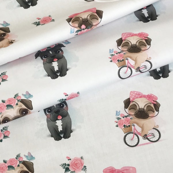 DIGITAL PRINT Little pugs pink  on white  100% cotton fabric sold per half metre , wide roll 160cm wide