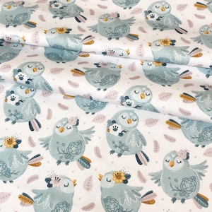 Premium quality Little owl feathers  on white  100% cotton fabric DIGITAL PRINT , wide roll 160cm wide