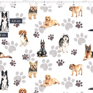 May include: White fabric with a repeating pattern of various dog breeds and paw prints. The dogs are illustrated in watercolor and include a German Shepherd, a Bulldog, a Husky, a Yorkshire Terrier, a Beagle, a Doberman Pinscher, and a Border Collie. The fabric is 4.8 cm by 6.8 cm.