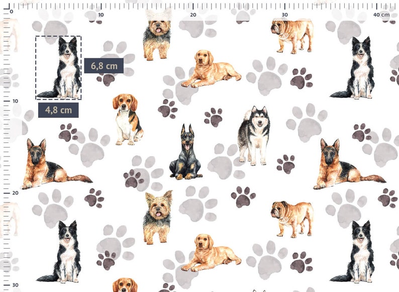 May include: White fabric with a repeating pattern of various dog breeds and paw prints. The dogs are illustrated in watercolor and include a German Shepherd, a Bulldog, a Husky, a Yorkshire Terrier, a Beagle, a Doberman Pinscher, and a Border Collie. The fabric is 4.8 cm by 6.8 cm.