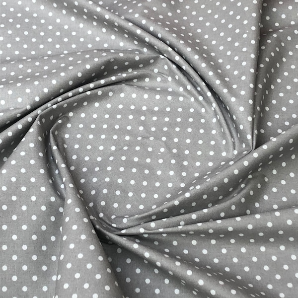 Polka dot 4mm blanc sur tissu gris 100% coton, rouleau large 160cm