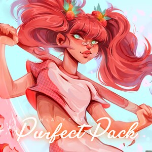 Puede incluir: Una ilustraci&oacute;n digital de una chica de dibujos animados con cabello rosado, vistiendo una camisa blanca con un patr&oacute;n rosa y blanco, sosteniendo un bate de b&eacute;isbol de madera. La chica tiene una venda en la nariz y lleva una diadema de fresa. El texto "HIALYCATS Perfect Pack" est&aacute; escrito en una fuente estilizada en la parte inferior de la imagen.