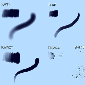 Puede incluir: Un conjunto de 10 pinceles digitales para dibujar gatos. Los pinceles se llaman "Scratch", "Fluffy", "Claws", "Meow Mix", "Paw-er", "Purrfect", "Whiskers", "Spots 01" y "Spots 02".