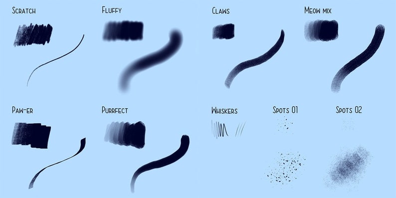 Puede incluir: Un conjunto de 10 pinceles digitales para dibujar gatos. Los pinceles se llaman "Scratch", "Fluffy", "Claws", "Meow Mix", "Paw-er", "Purrfect", "Whiskers", "Spots 01" y "Spots 02".