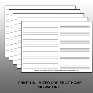 May include: A stack of blank music manuscript paper with lines for writing notes. The paper is white and has a black border. The text at the bottom of the page reads "Lined note paper and Music Manuscript Notebooks and Printables: www.notesandnotes.co.uk" and "PRINT UNLIMITED COPIES AT HOME NO WAITING!"