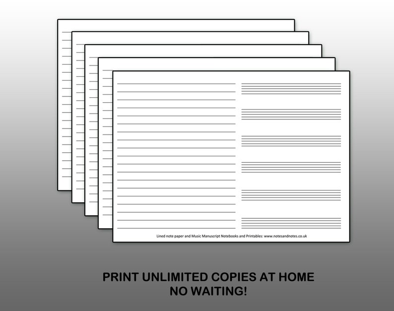 May include: A stack of blank music manuscript paper with lines for writing notes. The paper is white and has a black border. The text at the bottom of the page reads "Lined note paper and Music Manuscript Notebooks and Printables: www.notesandnotes.co.uk" and "PRINT UNLIMITED COPIES AT HOME NO WAITING!"