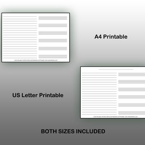 May include: Two printable music staff paper sheets, one in US Letter size and one in A4 size. Both sheets have a standard five-line staff with a space for lyrics on the left side.