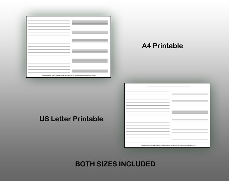 May include: Two printable music staff paper sheets, one in US Letter size and one in A4 size. Both sheets have a standard five-line staff with a space for lyrics on the left side.