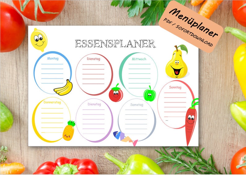 Men\u00fcplaner- Essensplaner f\u00fcr Kinder Printable PDF Deutsch Format DIN A4