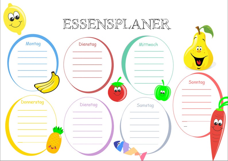 Men\u00fcplaner- Essensplaner f\u00fcr Kinder Printable PDF Deutsch Format DIN A4