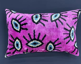 Sierkussen, handgeweven zijde Ikat fluwelen lumbale kussensloop, boze oogpatroon, ikat kussen, fluweel sierkussen, ikat kussen, 16 x 16, 16 x 24