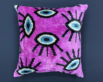 Zijden sierkussen, handgeweven zijde ikat fluwelen kussensloop, boze oog ontwerp, ikat kussen, sierkussen fluweel, ikat kussen, 16 x 16, 16 x 24