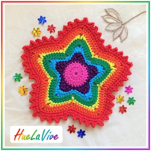 Patrón de posavasos de crochet con estrellas arcoíris, tapete para taza, tutorial fotográfico paso a paso (descarga en PDF)