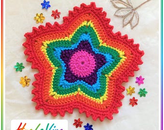 Rainbow Star Crochet Coaster Pattern, Mug Rug Doily, Step-by-Step Photo Tutorial (PDF Download)