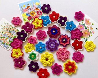 Paquete de patrones de flores de crochet para apliques, broches y accesorios. Tutoriales fotográficos paso a paso (descargas PDF).