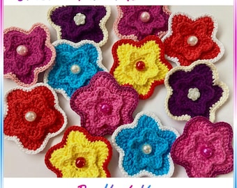 Patrón de flor de crochet para apliques, accesorios para el cabello y broches. Tutorial fotográfico paso a paso (descarga en PDF).
