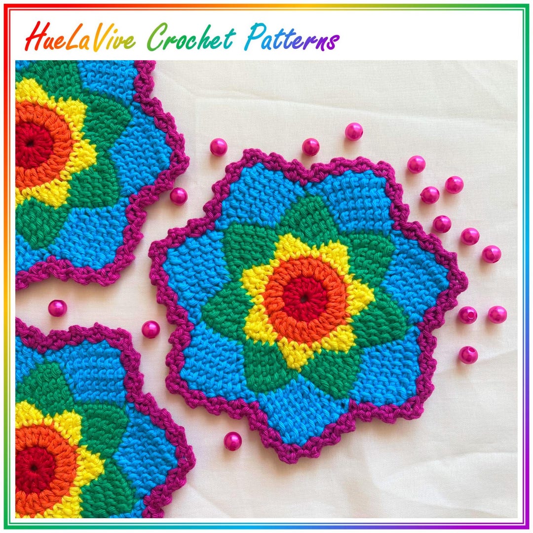 Rainbow Flower Coaster Crochet Pattern ** Tunisian Crochet Mug Rug ...