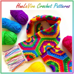Patrón de crochet para bufanda hexagonal, cuello con motivos coloridos, tutorial fotográfico paso a paso (descarga en PDF)