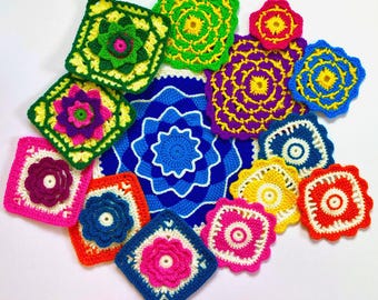 Crochet Square Patterns Bundle, Floral Motifs, Coasters And More, Step-by-Step Photo Tutorials (PDF Downloads)